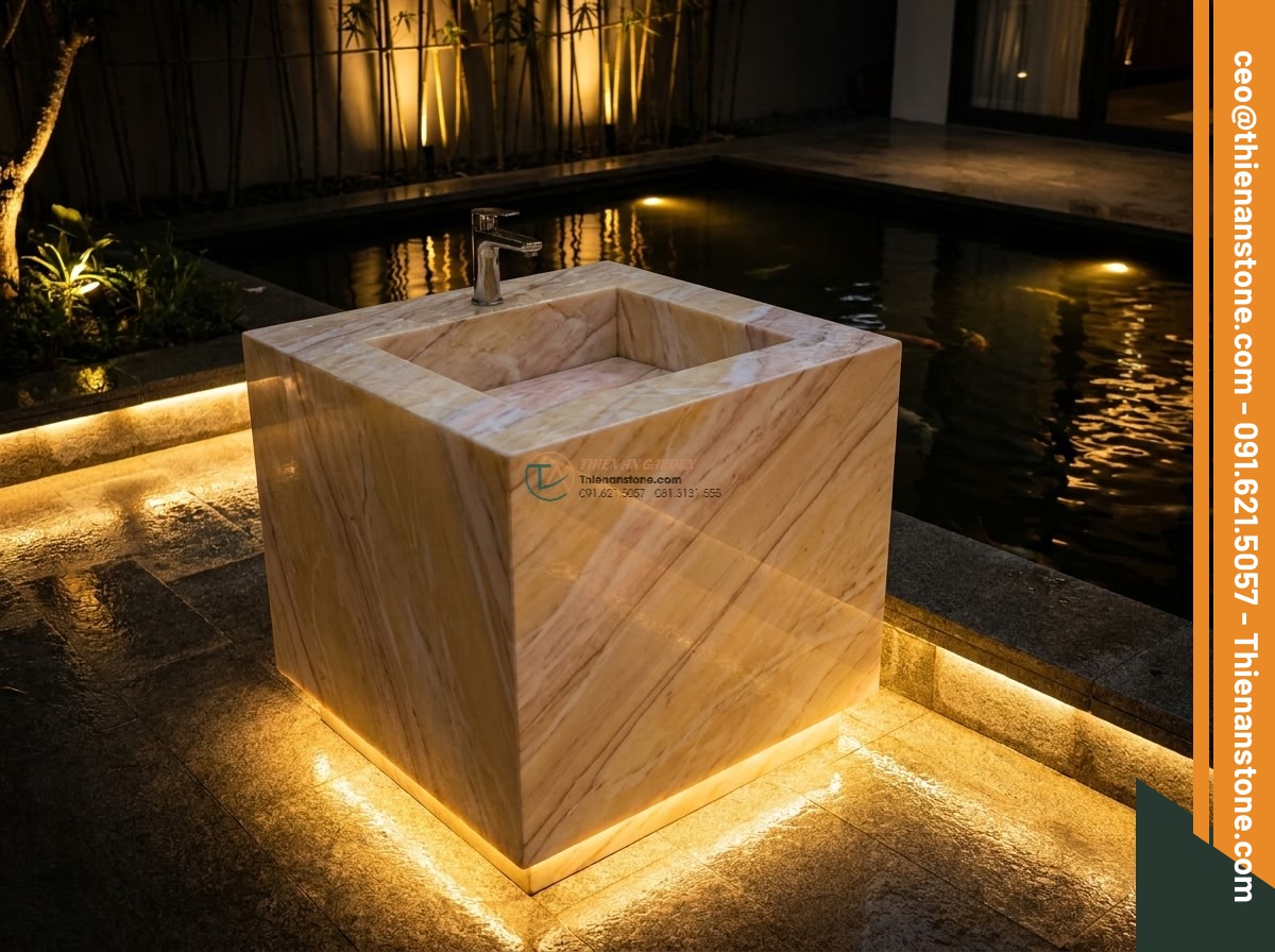 Lavabo đá vàng cà rốt hình vuông vát cạnh (400x400x150mm)