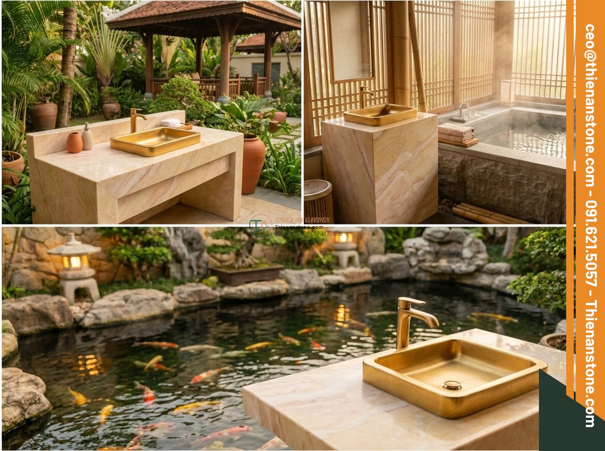 Lavabo đá vàng cà rốt hình vuông vát cạnh (400x400x150mm)