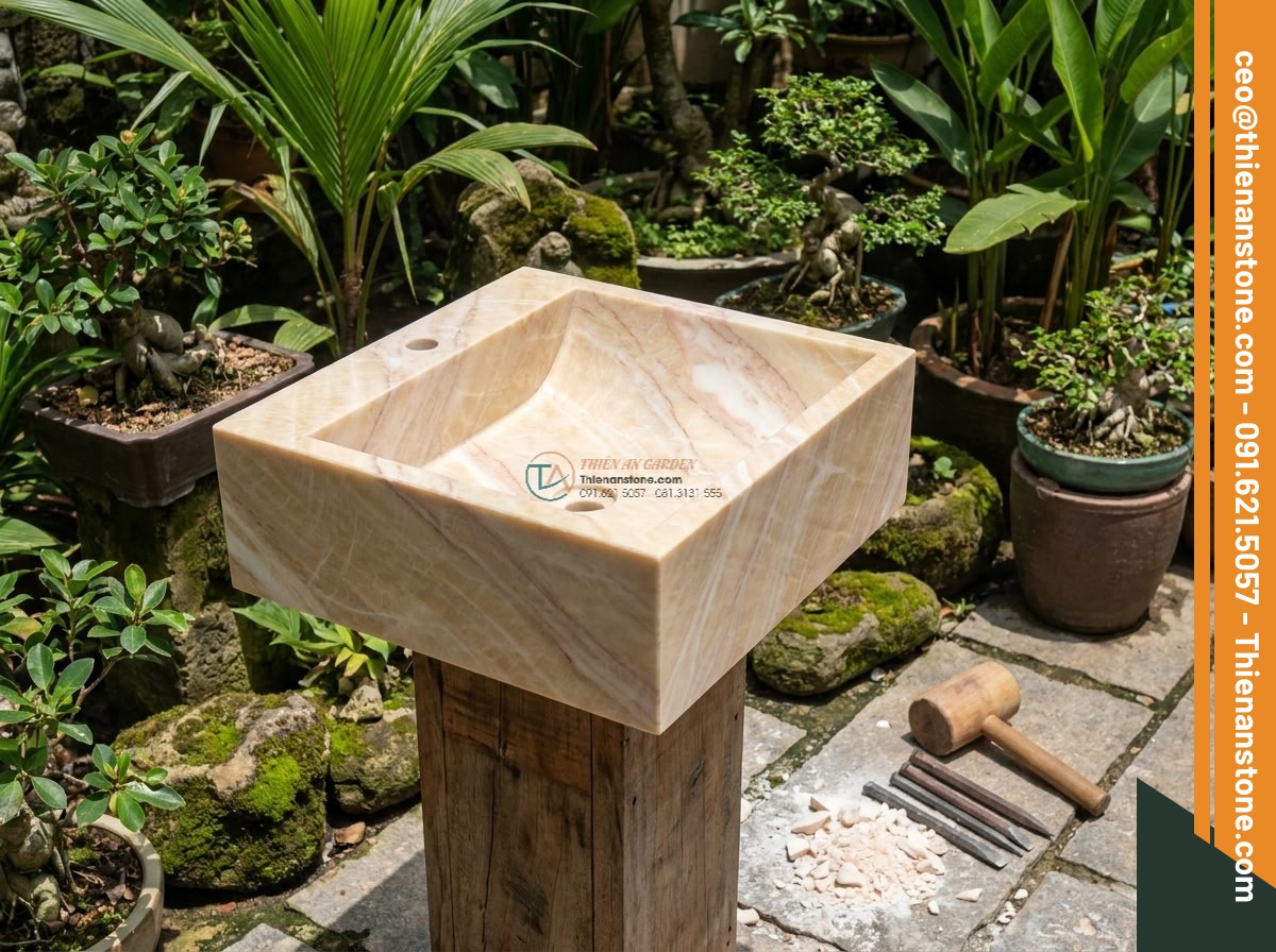 Lavabo đá vàng cà rốt hình vuông vát cạnh (400x400x150mm)