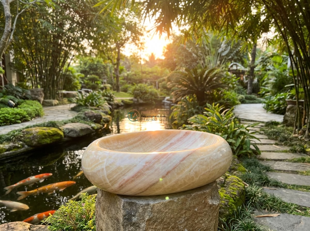Lavabo đá vàng cà rốt Oval dài 48cm (480x380x150mm) - Wide cinematic shot of a luxurious oval carrot yellow natural stone sink 48cm lo