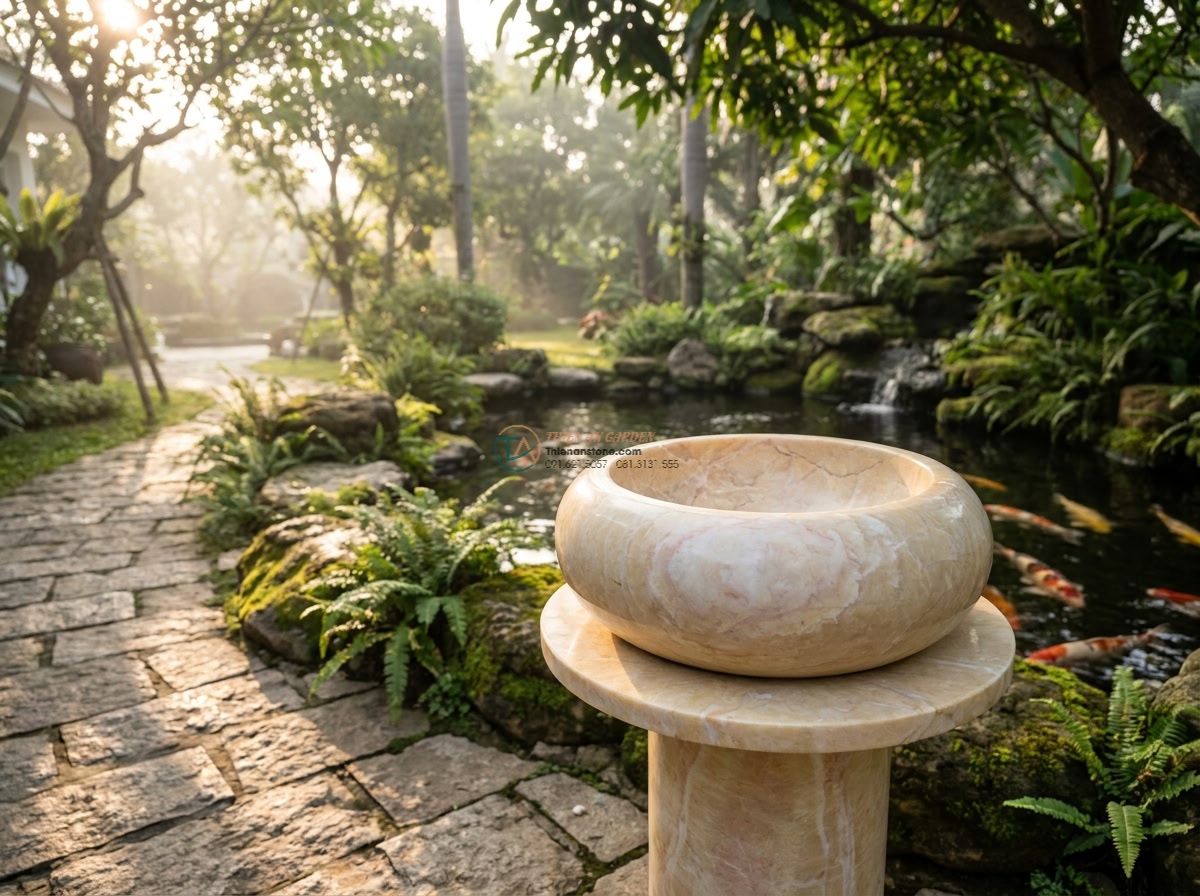 Lavabo đá vàng cà rốt tròn phình 42cm (420x420x150mm) - Wide cinematic view of a luxurious round bulging 42cm lavabo carved from golden