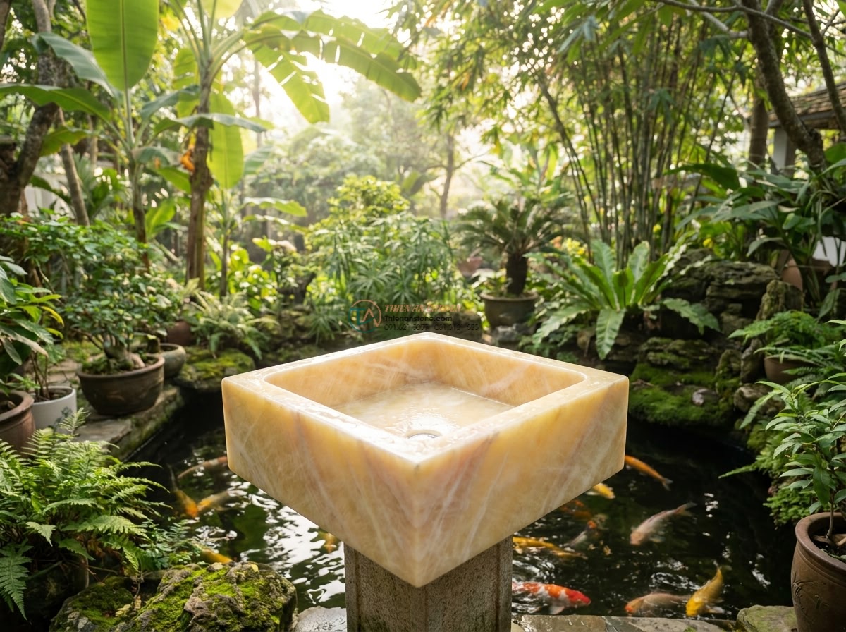 Lavabo đá vàng cà rốt vuông 42cm (420x420x150mm) - Cinematic wide shot of a square 42cm yellow carrot stone lavabo sink with natura