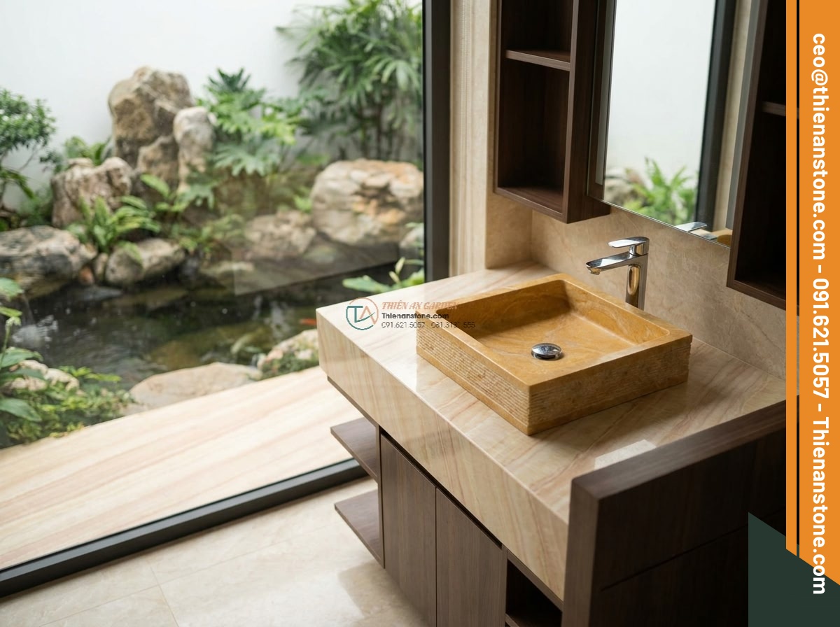Lavabo đá vàng cà rốt vuông 42cm (420x420x150mm) - Hình 11 Lavabo đá vàng cà rốt vuông 42cm (420x420x150mm) - Luxury villa bathroom interior featuring square 42cm yellow carrot stone lavabo