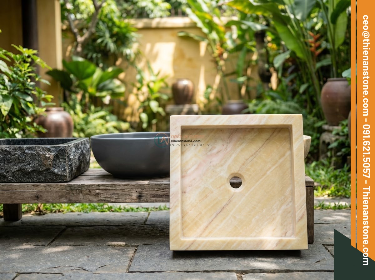 Lavabo đá vàng cà rốt vuông 42cm (420x420x150mm) - Hình 13 Lavabo đá vàng cà rốt vuông 42cm (420x420x150mm) - Comparison style image showing square yellow carrot stone lavabo 42cm next to ot