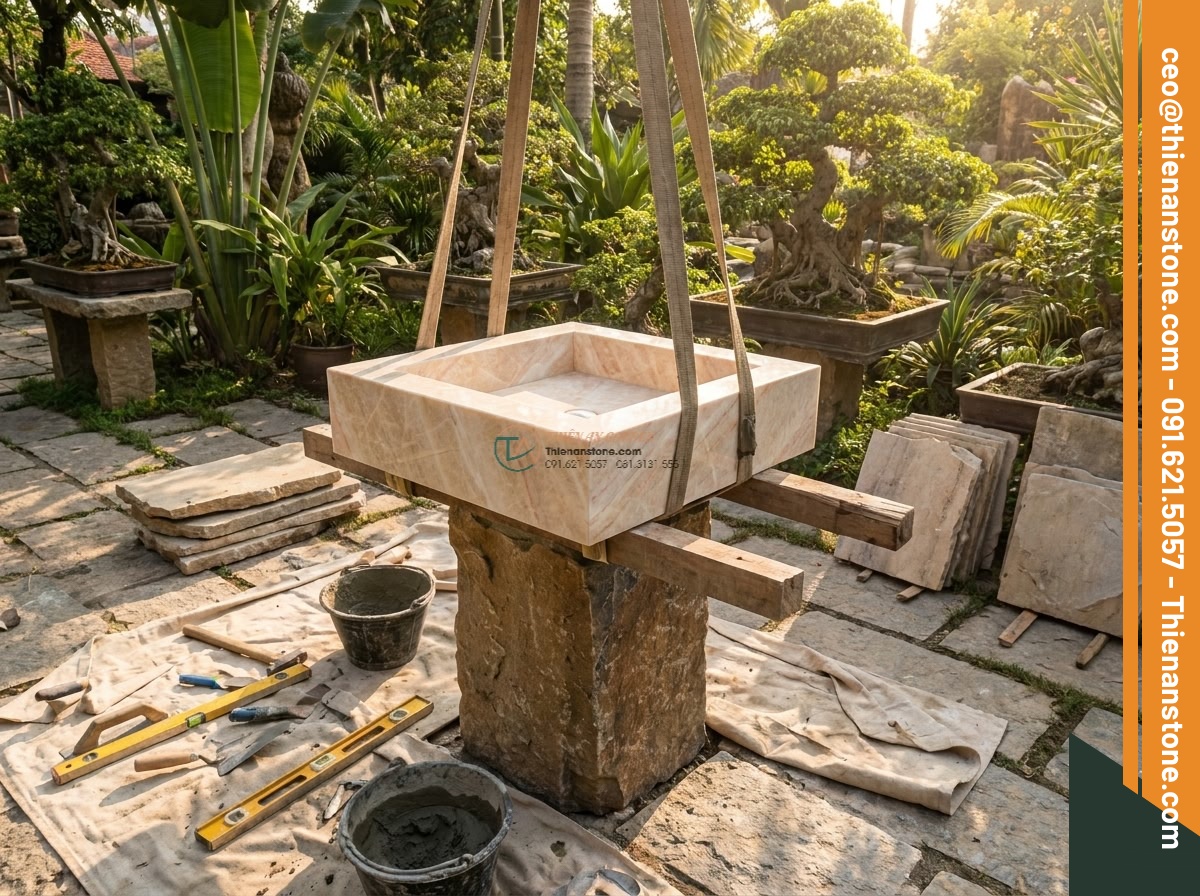 Lavabo đá vàng cà rốt vuông 42cm (420x420x150mm) - Hình 15 Lavabo đá vàng cà rốt vuông 42cm (420x420x150mm) - Professional installation scene of square 42cm yellow carrot stone lavabo being