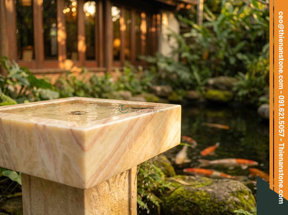 Lavabo đá vàng cà rốt vuông 42cm (420x420x150mm) - Hình 4 Lavabo đá vàng cà rốt vuông 42cm (420x420x150mm) - Golden hour side angle shot of polished square 42cm carrot yellow stone sink in