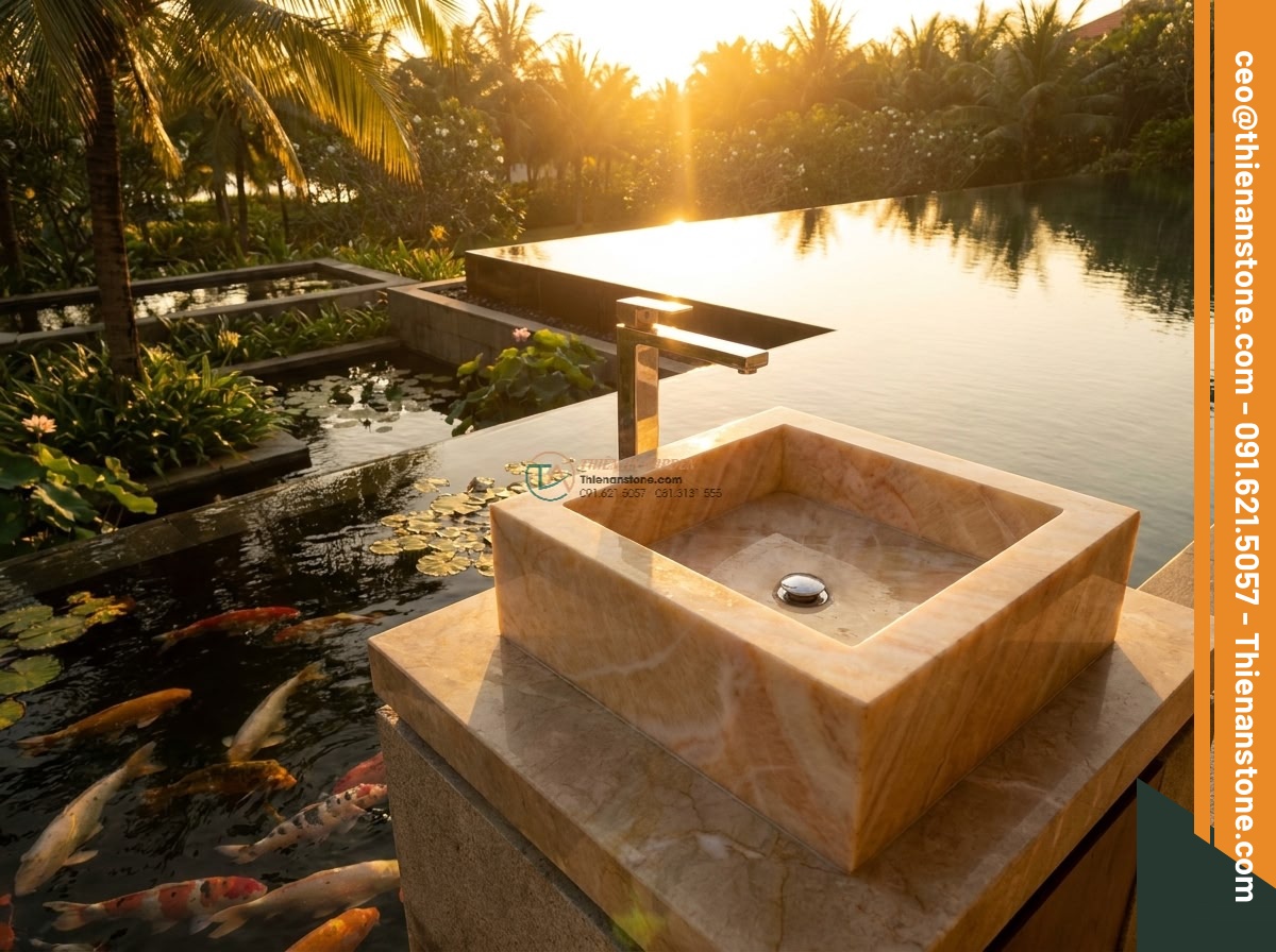 Lavabo đá vàng cà rốt vuông 42cm (420x420x150mm) - Hình 7 Lavabo đá vàng cà rốt vuông 42cm (420x420x150mm) - Dramatic golden hour lighting on square 42cm yellow carrot stone lavabo sink pla