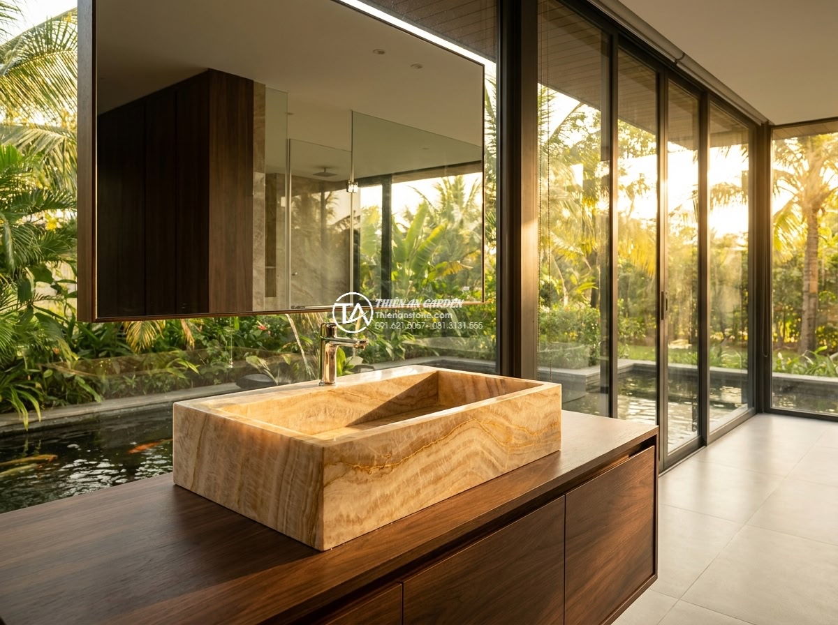 Lavabo đá vàng kim tuyến chữ nhật 42cm (420x350x140mm) - Wide cinematic shot of a luxurious modern bathroom inside a high-end Vietnamese