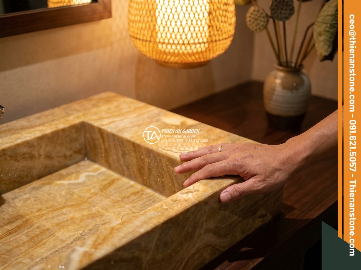 Lavabo đá vàng kim tuyến chữ nhật 42cm (420x350x140mm)
