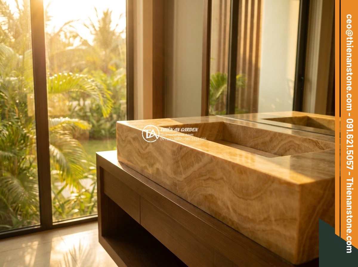Lavabo đá vàng kim tuyến chữ nhật 42cm (420x350x140mm)