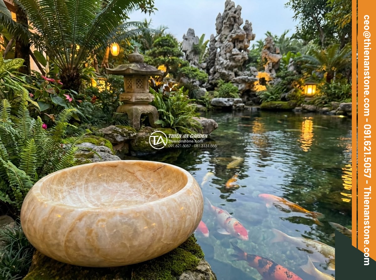 Lavabo đá vàng kim tuyến đa giác (400x400x150mm) - Hình 5 Lavabo đá vàng kim tuyến đa giác (400x400x150mm) - Wide cinematic view of an integrated luxury garden scene featuring the golden ve
