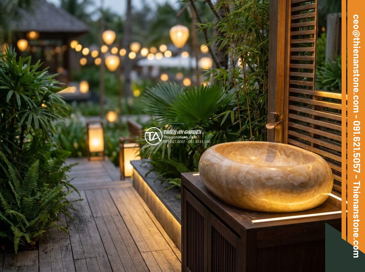 Lavabo đá vàng kim tuyến đa giác (400x400x150mm) - Hình 6 Lavabo đá vàng kim tuyến đa giác (400x400x150mm) - Luxury resort outdoor bathroom area at dusk, elegant polygonal golden vein stone