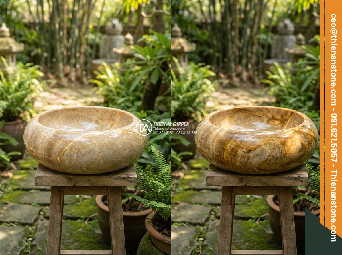 Lavabo đá vàng kim tuyến đa giác (400x400x150mm) - Hình 8 Lavabo đá vàng kim tuyến đa giác (400x400x150mm) - Before and after style comparison of a golden vein stone lavabo showing natural