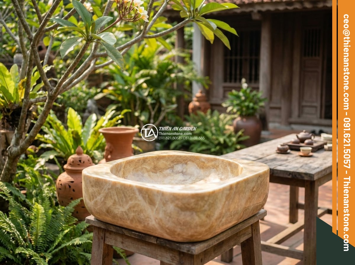 Lavabo đá vàng kim tuyến góc (400x400x150mm) - Hình 10 Lavabo đá vàng kim tuyến góc (400x400x150mm) - Professional team from Da Canh Thien An company presenting finished yellow gold