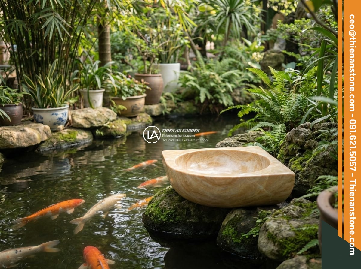 Lavabo đá vàng kim tuyến góc (400x400x150mm) - Hình 6 Lavabo đá vàng kim tuyến góc (400x400x150mm) - Serene Koi pond landscape with corner stone washbasin 400x400x150mm in yellow go