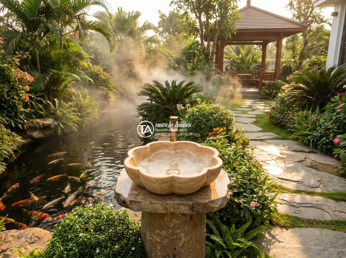 Lavabo đá vàng kim tuyến hình bông hoa (400x400x150mm) - Wide angle cinematic shot of a luxurious Vietnamese villa garden at golden hour,