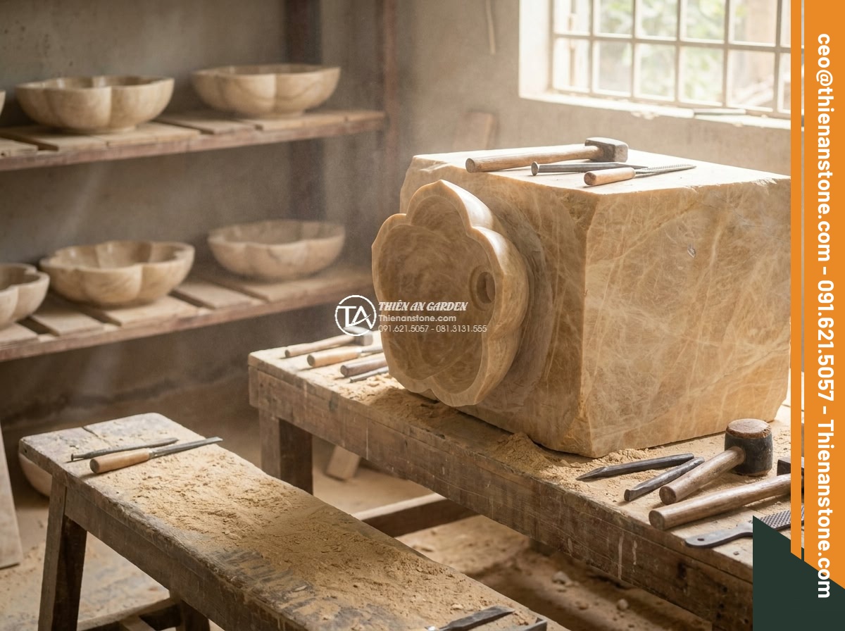 Lavabo đá vàng kim tuyến hình bông hoa (400x400x150mm)