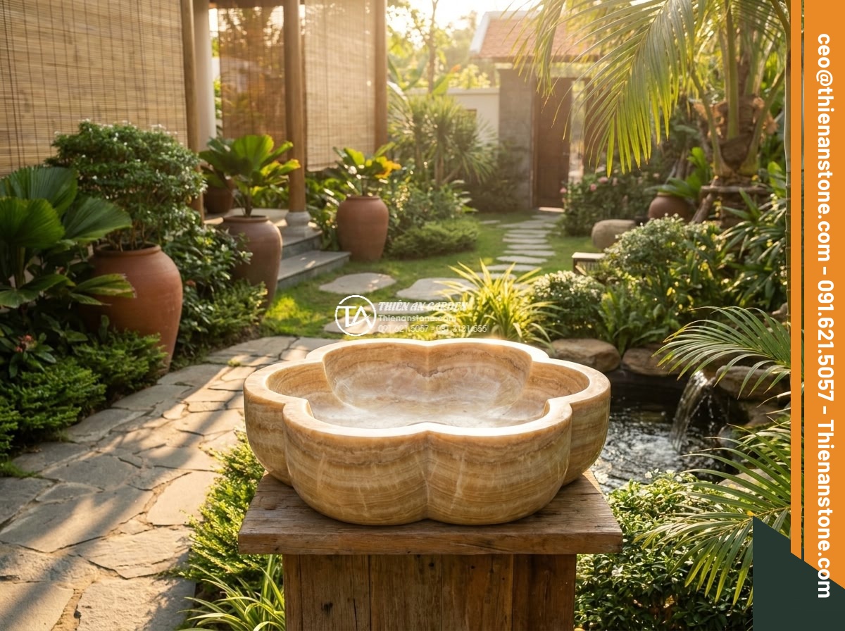 Lavabo đá vàng kim tuyến hình bông hoa (400x400x150mm)
