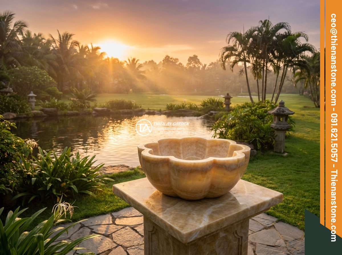 Lavabo đá vàng kim tuyến hình bông hoa (400x400x150mm)