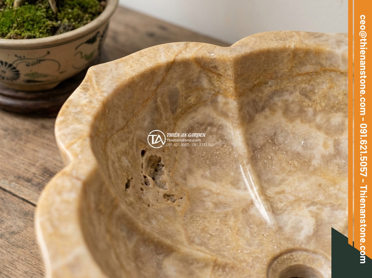 Lavabo đá vàng kim tuyến hình bông hoa (400x400x150mm)