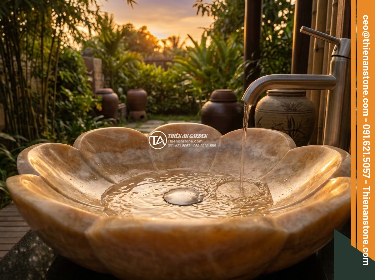 Lavabo đá vàng kim tuyến hình bông hoa (400x400x150mm)