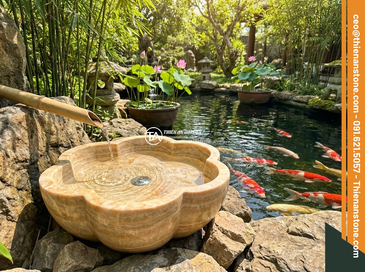 Lavabo đá vàng kim tuyến hình bông hoa (400x400x150mm)