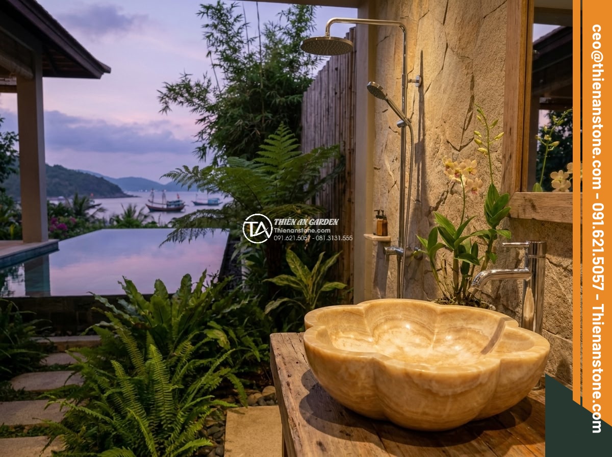 Lavabo đá vàng kim tuyến hình bông hoa (400x400x150mm)