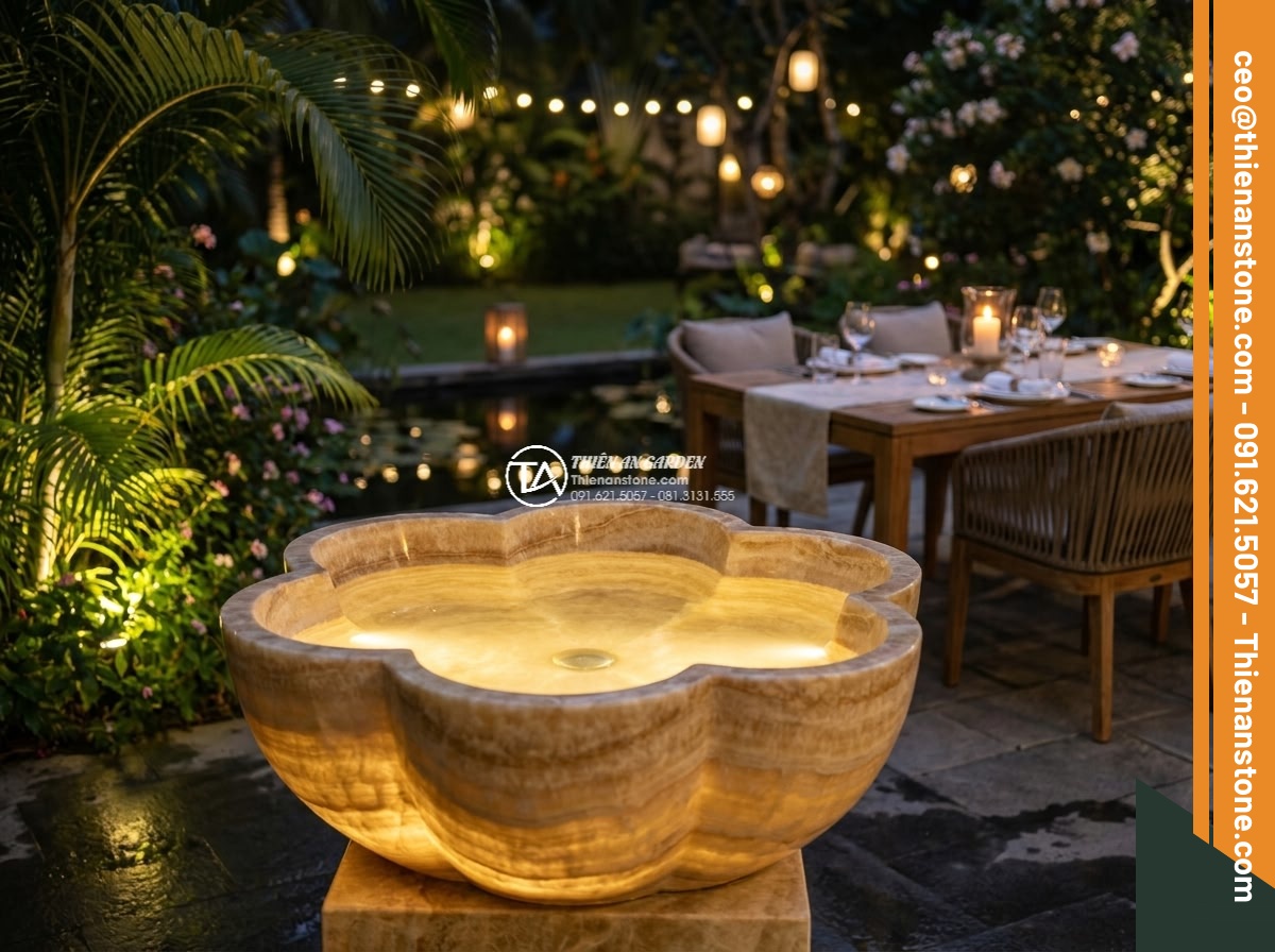 Lavabo đá vàng kim tuyến hình bông hoa (400x400x150mm)