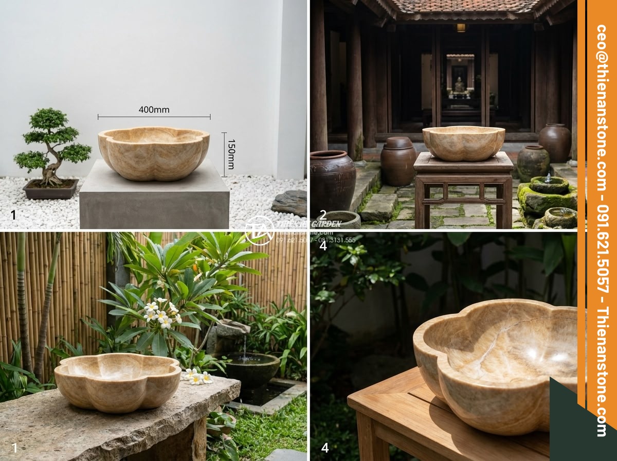 Lavabo đá vàng kim tuyến hình bông hoa (400x400x150mm)