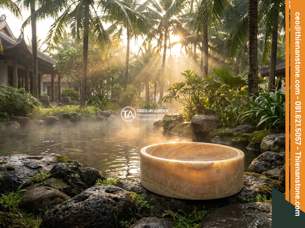 Lavabo đá vàng kim tuyến hình trụ nông cao 15cm (400x400x150mm)