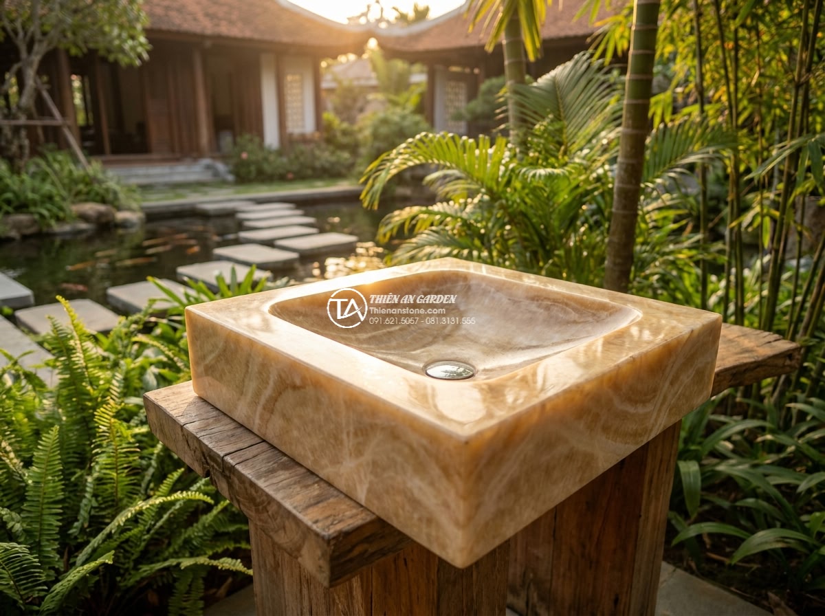 Lavabo đá vàng kim tuyến hình vuông bo cạnh 42cm (420x420x150mm) - Cinematic wide shot of a luxurious square golden-veined natural stone sink 42cm