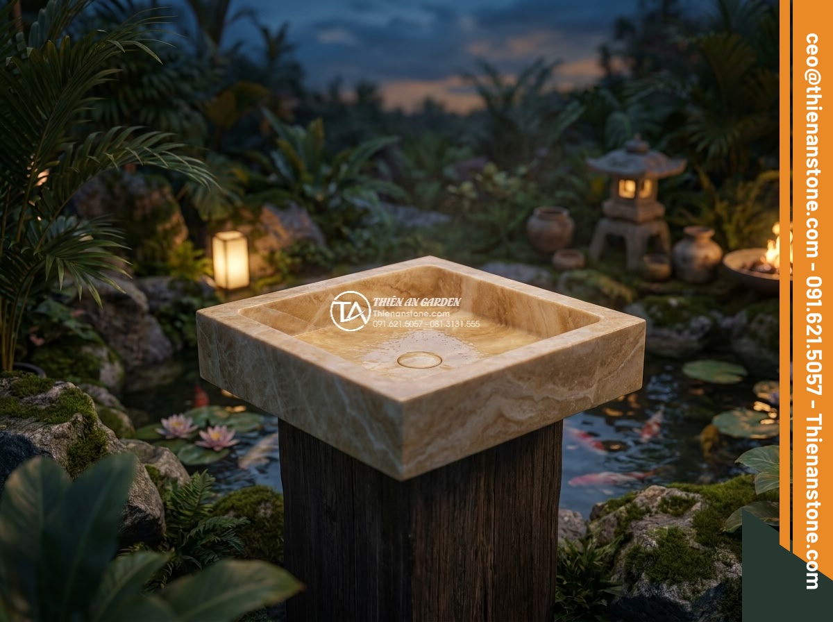 Lavabo đá vàng kim tuyến hình vuông bo cạnh 42cm (420x420x150mm)