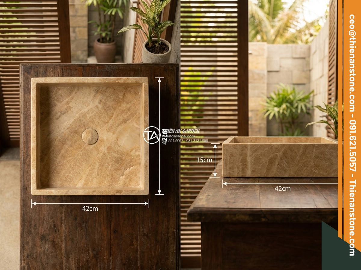Lavabo đá vàng kim tuyến hình vuông bo cạnh 42cm (420x420x150mm)