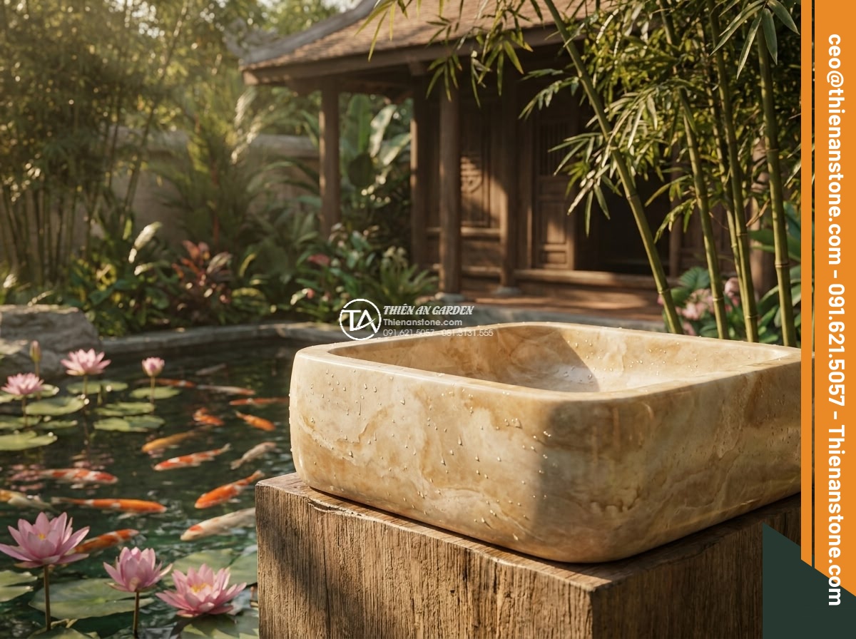 Lavabo đá vàng kim tuyến hình vuông bo cạnh 42cm (420x420x150mm)