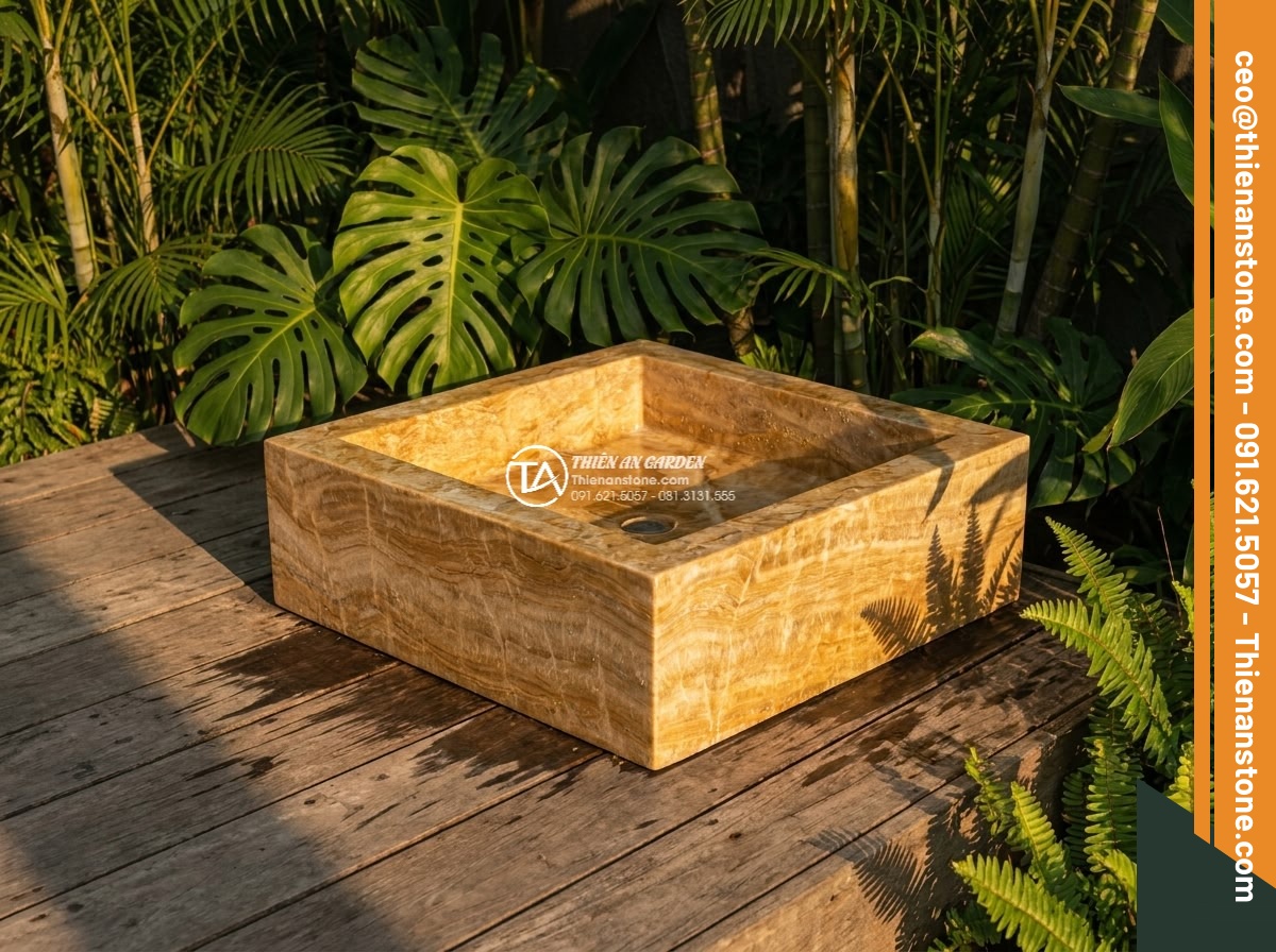 Lavabo đá vàng kim tuyến hình vuông bo cạnh 42cm (420x420x150mm)