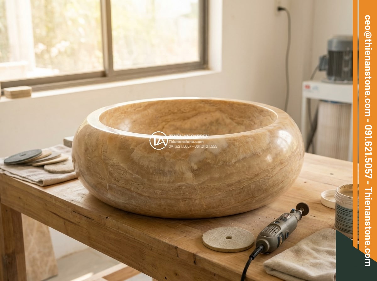 Lavabo đá vàng kim tuyến hình vuông bo cạnh 42cm (420x420x150mm)