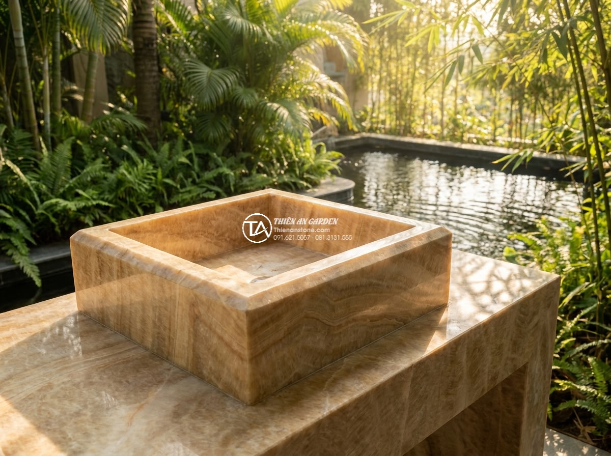 Lavabo đá vàng kim tuyến hình vuông vát cạnh (400x400x150mm) - Beautiful photorealistic scene of the square golden veined lavabo 400x400x150mm