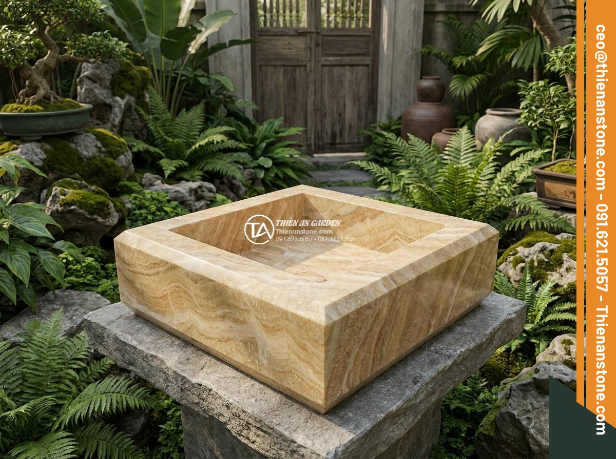 Lavabo đá vàng kim tuyến hình vuông vát cạnh (400x400x150mm)