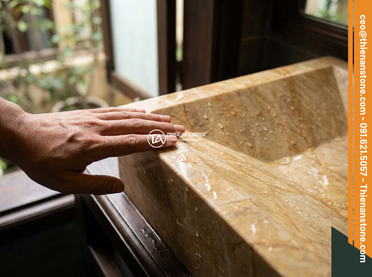 Lavabo đá vàng kim tuyến hình vuông vát cạnh (400x400x150mm)