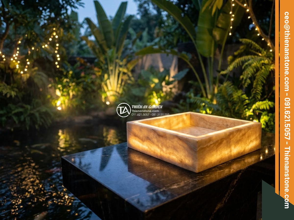Lavabo đá vàng kim tuyến hình vuông vát cạnh (400x400x150mm)