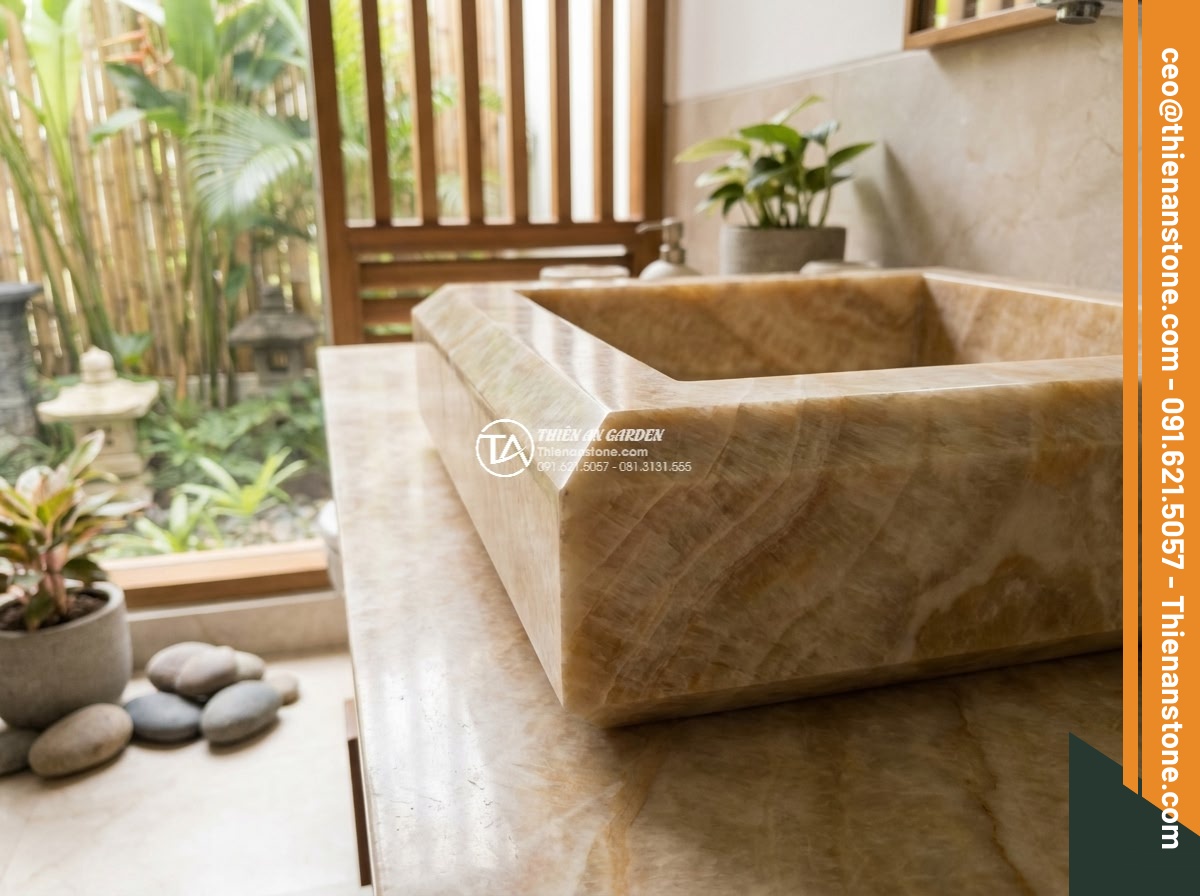 Lavabo đá vàng kim tuyến hình vuông vát cạnh (400x400x150mm)