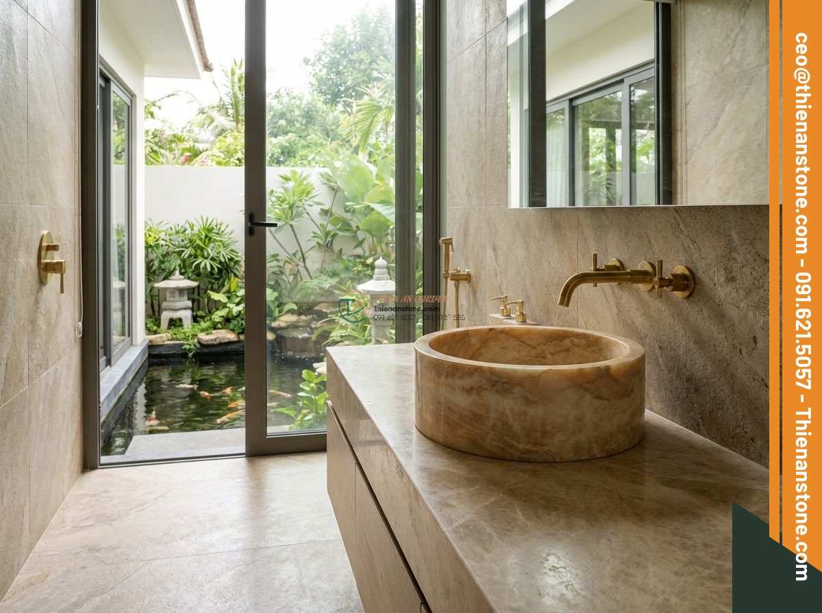 Lavabo đá vàng kim tuyến tròn 42cm (420x420x150mm) - Hình 7 Lavabo đá vàng kim tuyến tròn 42cm (420x420x150mm) - Interior villa bathroom scene featuring the round golden kim tuyen stone lavabo