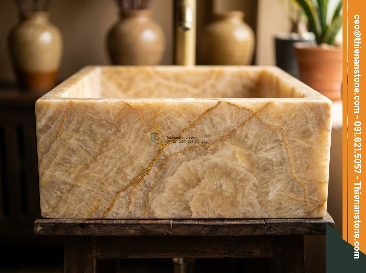 Lavabo đá vàng kim tuyến vuông 42cm (420x420x150mm)