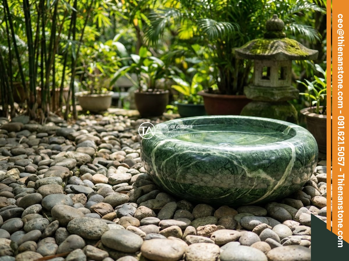 Lavabo đá xanh Ấn độ chữ nhật 42cm - Hình 18 Lavabo đá xanh Ấn độ chữ nhật 42cm - Symbolic placement of green stone basin in auspicious garden position highlighti