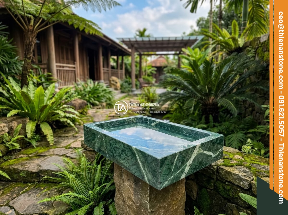 Lavabo đá xanh Ấn độ chữ nhật 42cm - Hình 2 Lavabo đá xanh Ấn độ chữ nhật 42cm - Serene garden scene featuring Indian green stone rectangular washbasin 42cm as f