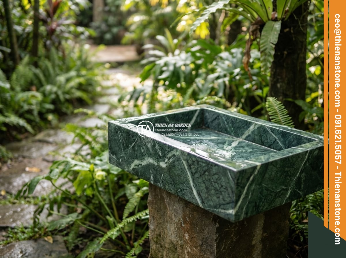 Lavabo đá xanh Ấn độ chữ nhật 42cm - Hình 5 Lavabo đá xanh Ấn độ chữ nhật 42cm - Medium close-up shot of approaching rectangular Indian green marble lavabo 42cm