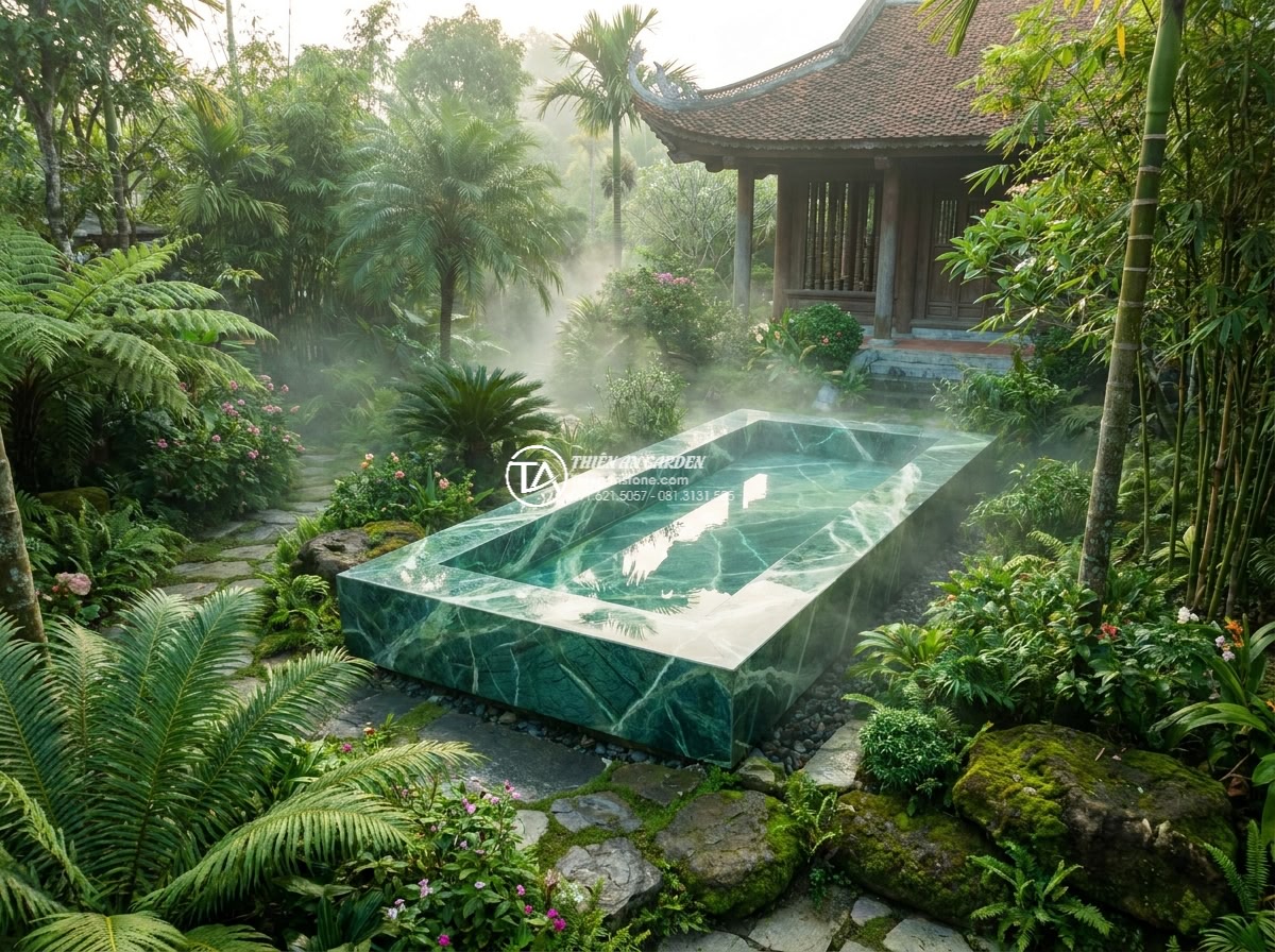 Lavabo đá xanh Ấn độ đa giác - Wide angle cinematic view from afar of a luxurious Vietnamese garden featuring a