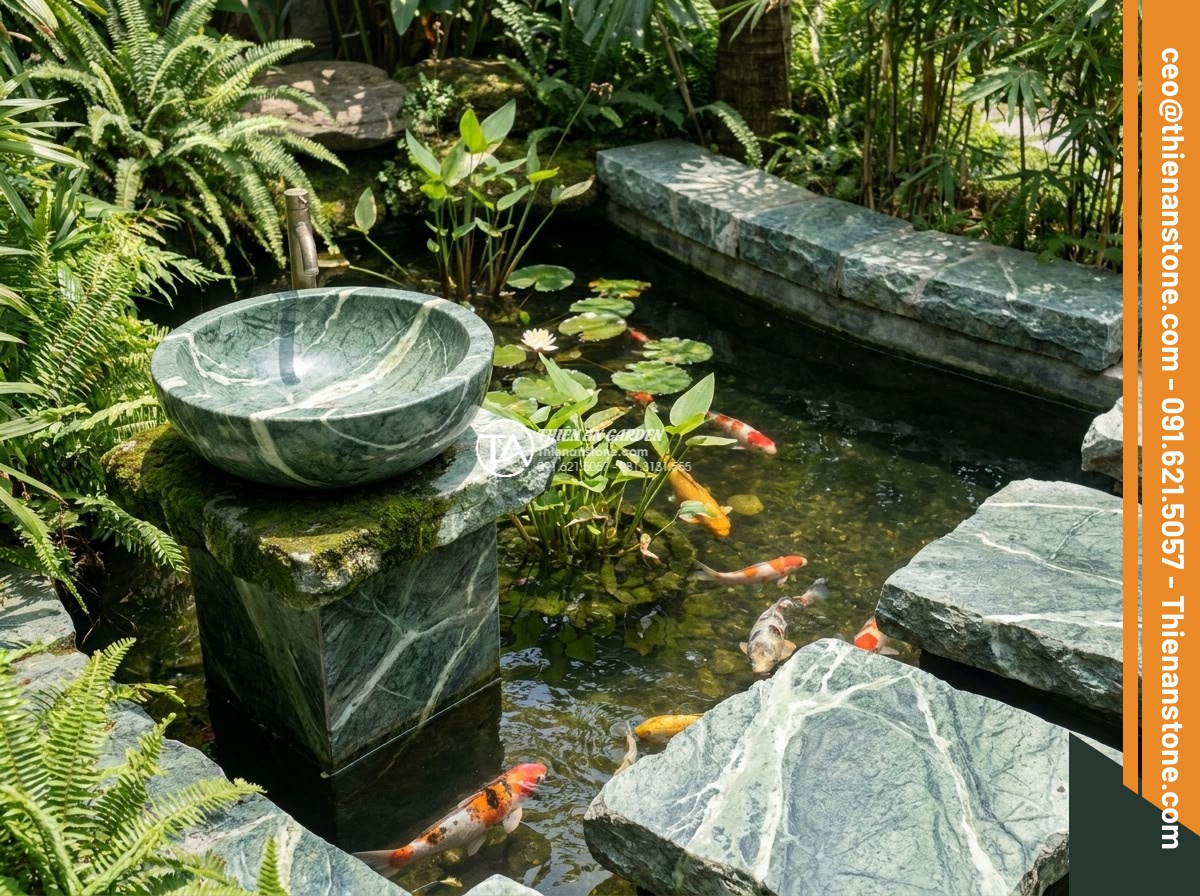 Lavabo đá xanh Ấn độ đa giác - Hình 10 Lavabo đá xanh Ấn độ đa giác - Symbolic feng shui view of the lavabo integrated in a peaceful garden pond area