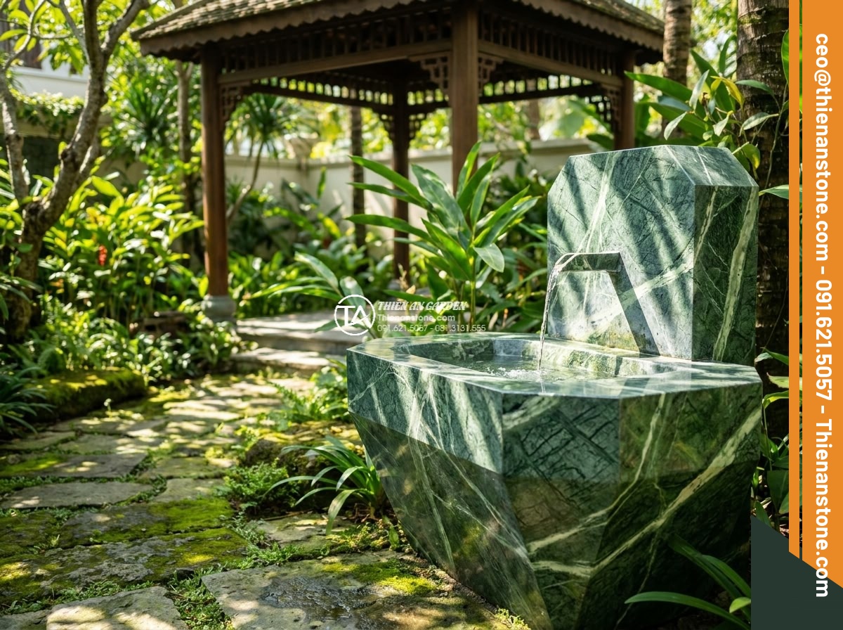 Lavabo đá xanh Ấn độ đa giác - Hình 20 Lavabo đá xanh Ấn độ đa giác - Happy customer in a transformed luxury villa garden enjoying the multi-faceted g