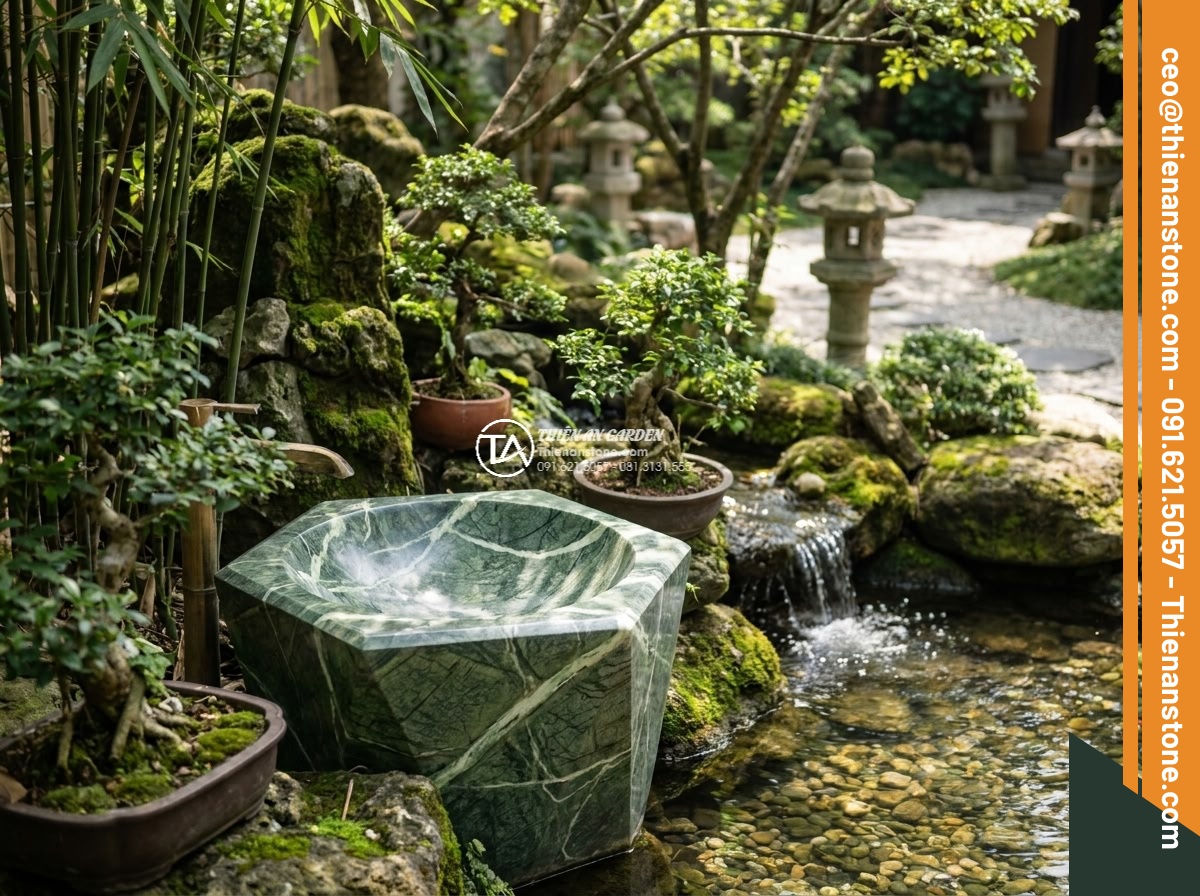 Lavabo đá xanh Ấn độ đa giác - Hình 9 Lavabo đá xanh Ấn độ đa giác - Serene feng shui inspired composition of the polygonal green stone lavabo in a h